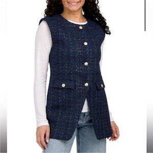 Rachel Zoe Tweed Knit Boucle Midnight Blue Vest with Gold Buttons sz S